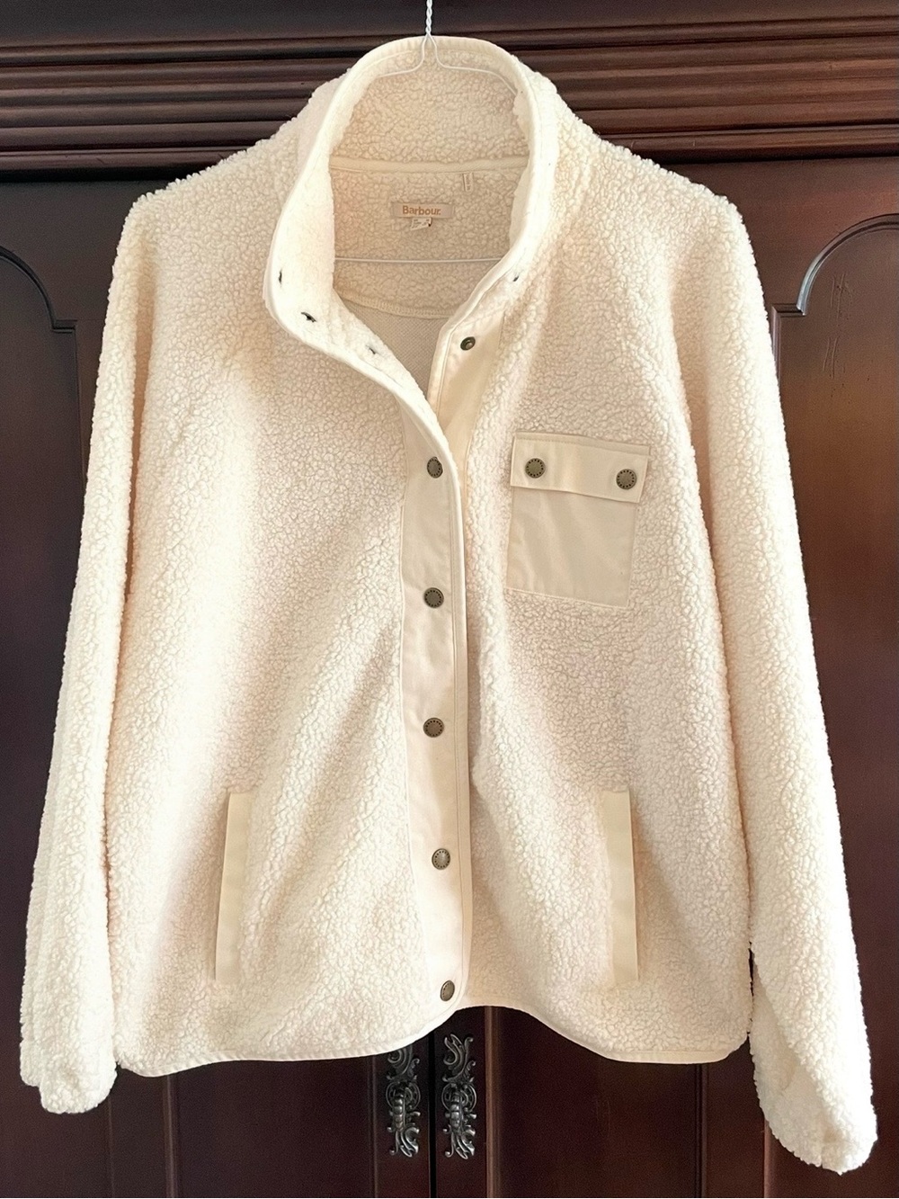 Barbour Callaly Fleece Jacket US 14 Cream Teddy Sherpa Funnel Neck Cozy Warm